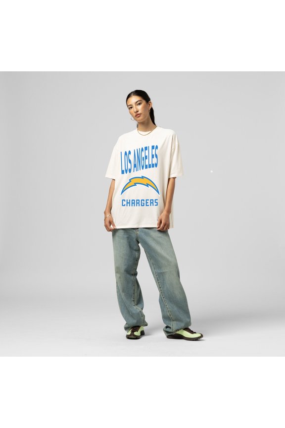 Women's Mitchell & Ness Cream Los Angeles Chargers Logo Rise Boyfriend T-Shirt