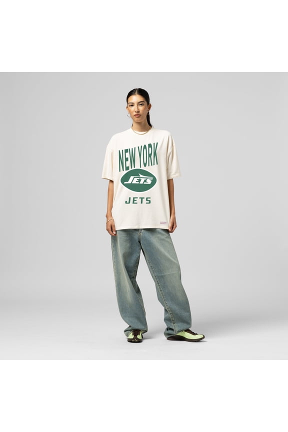 Women's Mitchell & Ness Cream New York Jets Logo Rise Boyfriend T-Shirt