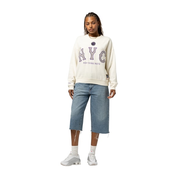 Women's Mitchell & Ness Cream New York Mets Premium Oversized Crewneck Sweatshirt