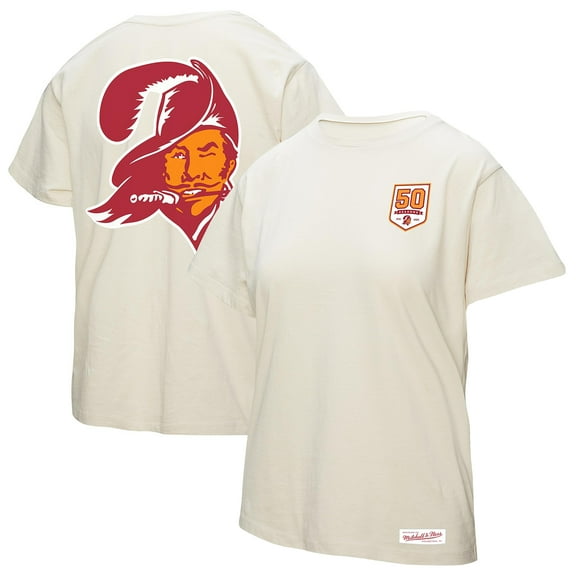 Women's Mitchell & Ness Cream Tampa Bay Buccaneers 50th Season Pirate Oversized Boyfriend T-Shirt