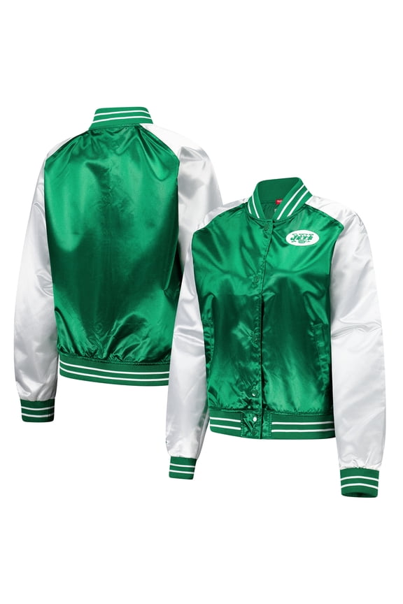 Women's Mitchell & Ness Green New York Jets Team 2.0 Satin Raglan Full-Snap Jacket