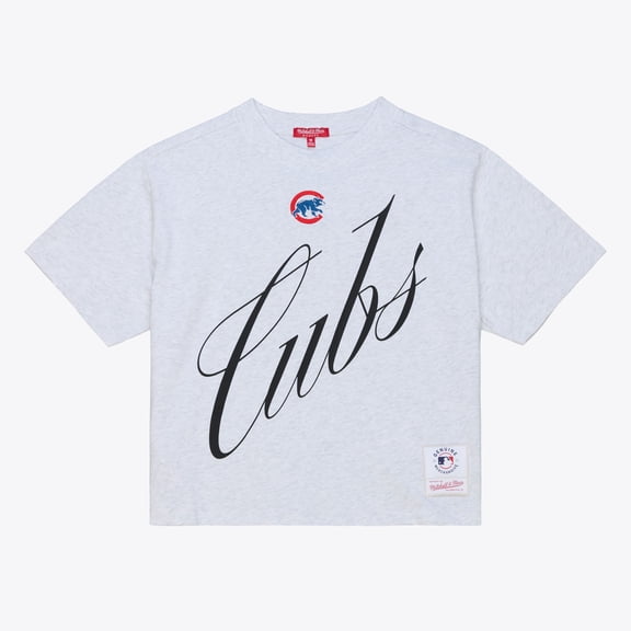 Women's Mitchell & Ness Heather Gray Chicago Cubs Script Cropped Boxy T-Shirt