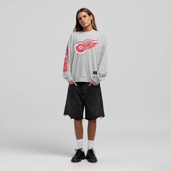 Women's Mitchell & Ness Heather Gray Detroit Red Wings Core 3-Hit Oversized Sweatshirt