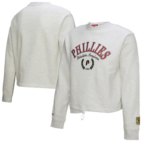 Women's Mitchell & Ness Heather Gray Philadelphia Phillies Cropped Toggle Pullover Sweatshirt