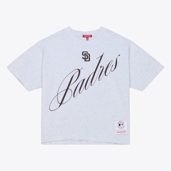 Women's Mitchell & Ness Heather Gray San Diego Padres Script Cropped Boxy T-Shirt