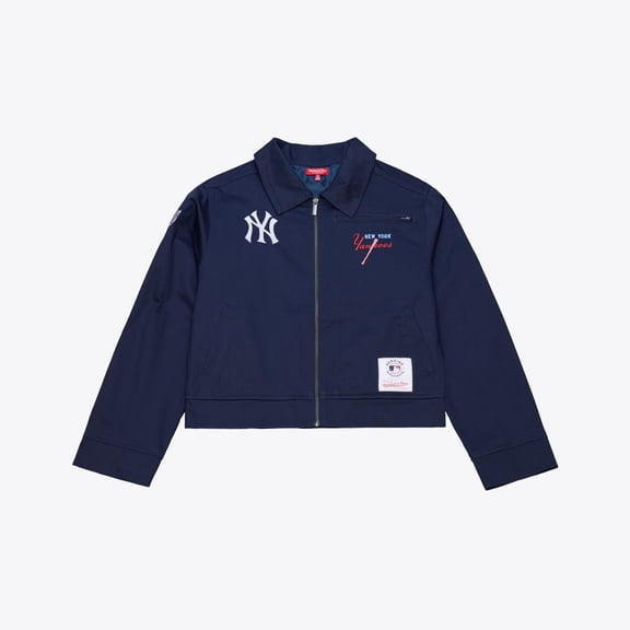 Women's Mitchell & Ness Navy New York Yankees Script Mechanic Cropped Full-Zip Jacket
