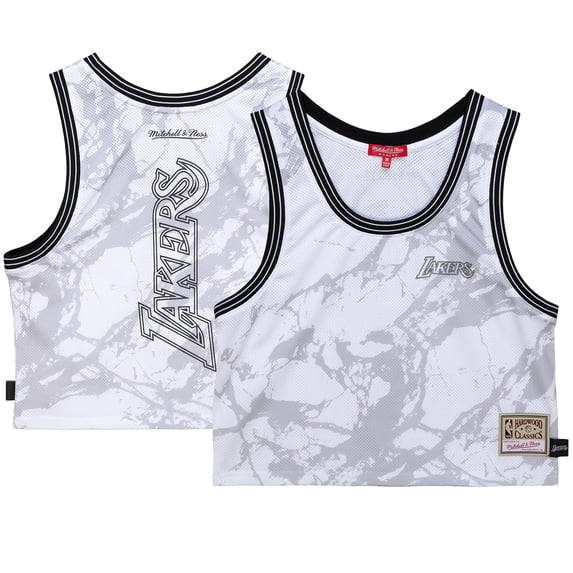 Women's Mitchell & Ness White Los Angeles Lakers Hardwood Classics Marble Cropped Tank Top
