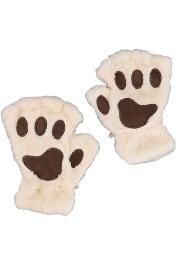 Women's Mittens - Girls Winter Cat Paw Mittens Gloves - Plush Half Finger Mittens