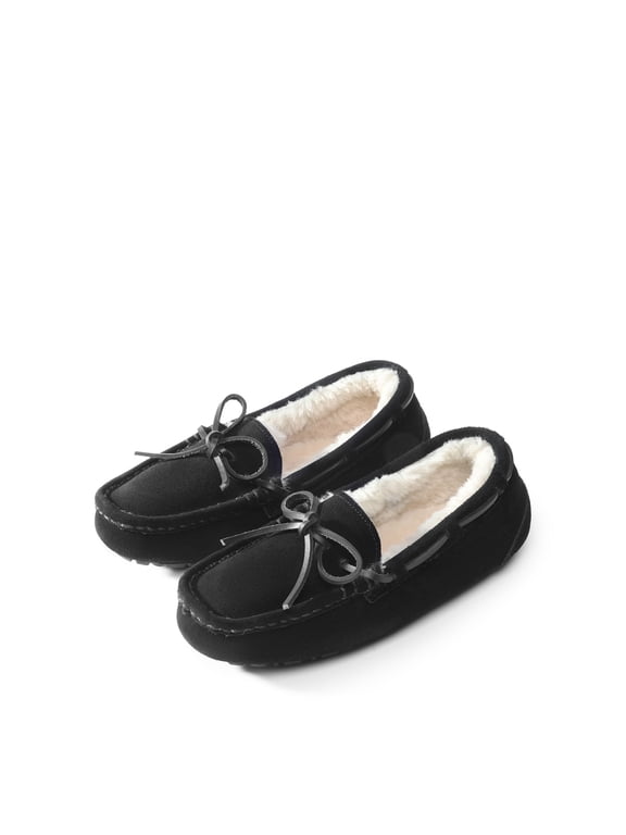 Women's Moccasin Faux Fur Suede Slippers Comfort Slip On House Slippers For Women Winter Warm Shoes AUZY-02 BLACK Size 11