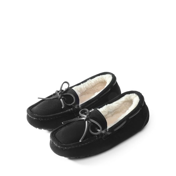 Women's Moccasin Faux Fur Suede Slippers Comfort Slip On House Slippers For Women Winter Warm Shoes AUZY-02 BLACK Size 5