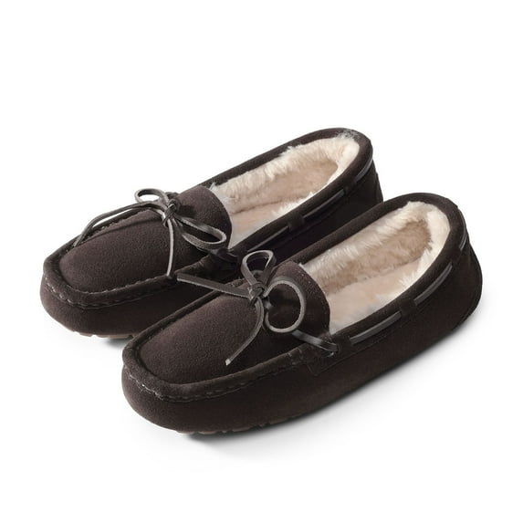 Women's Moccasin Faux Fur Suede Slippers Comfort Slip On House Slippers For Women Winter Warm Shoes AUZY-02 BROWN Size 6