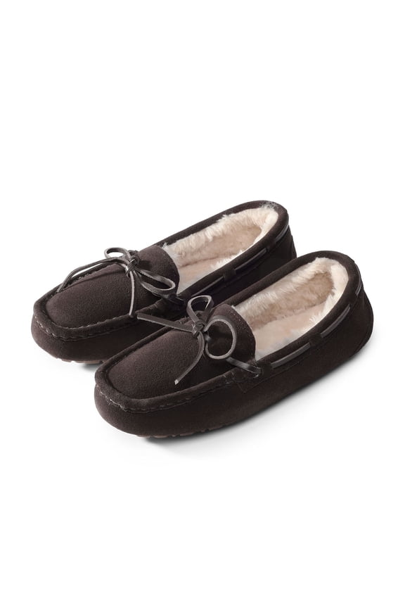 Women's Moccasin Faux Fur Suede Slippers Comfort Slip On House Slippers For Women Winter Warm Shoes AUZY-02 BROWN Size 7