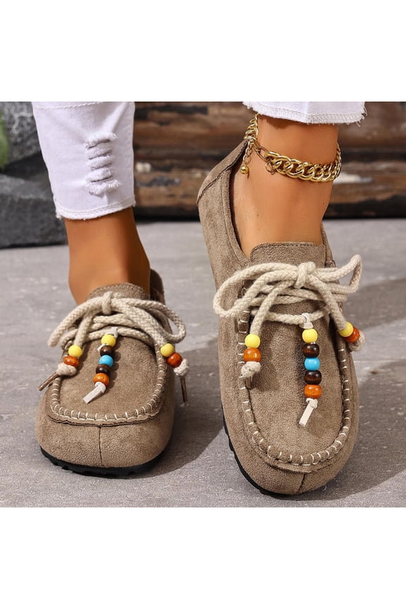 Women's Moccasin Slippers, Ethnic Style Flat Shoes with Beaded Rope Lacing, Soft Textured Upper Comfortable Casual Loafers for Leisure and Outdoor Wear