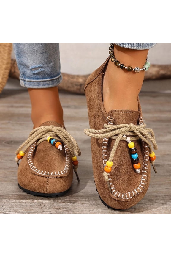Women's Moccasin Slippers, Ethnic Style Flat Shoes with Beaded Rope Lacing, Soft Textured Upper Comfortable Casual Loafers for Leisure and Outdoor Wear