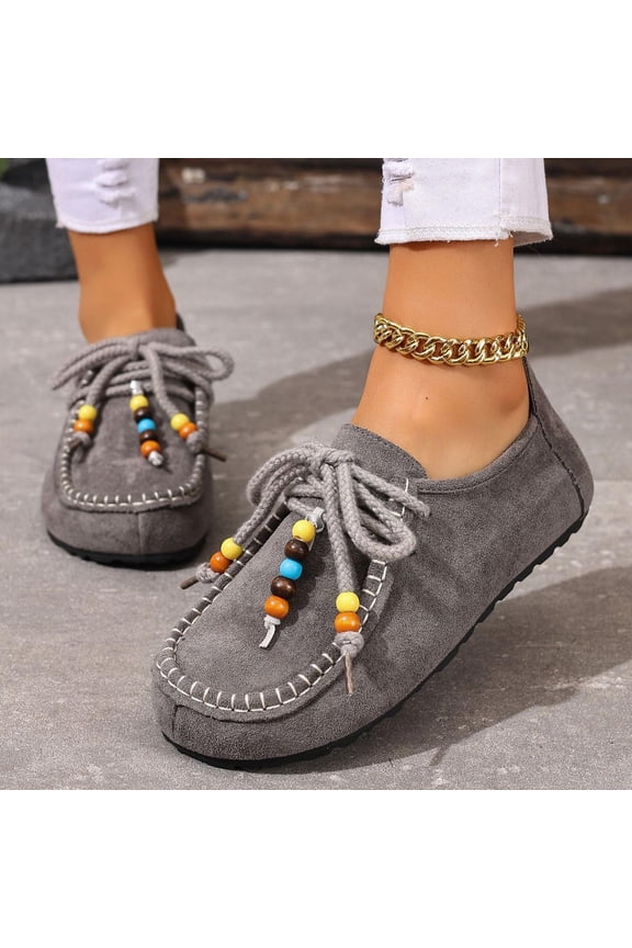 Women's Moccasin Slippers, Ethnic Style Flat Shoes with Beaded Rope Lacing, Soft Textured Upper Comfortable Casual Loafers for Leisure and Outdoor Wear