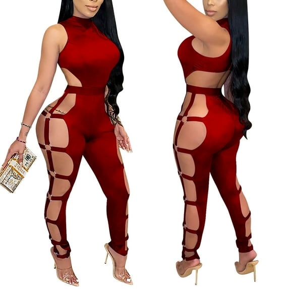 Women's Mock Neck Bodycon Jumpsuits, Sexy Sleeveless Solid Color Side Hollow Out One Piece Romper Pants