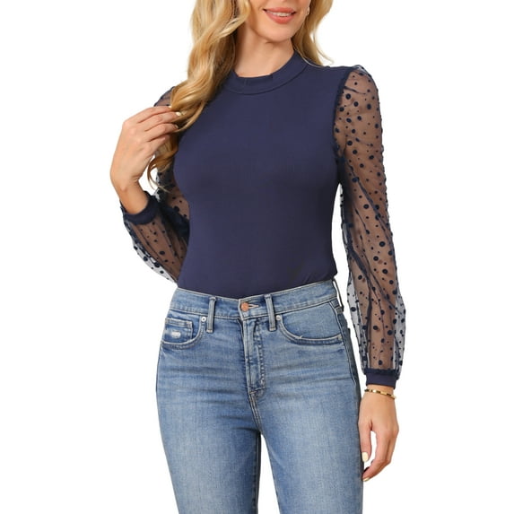 INSPIRE CHIC Women's Mock Neck Bodysuit Elegant Polka Dot Long Mesh Sheer Sleeve Slim Fit Bodysuits L Dark Blue