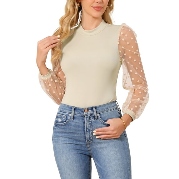 INSPIRE CHIC Women's Mock Neck Bodysuit Elegant Polka Dot Long Mesh Sheer Sleeve Slim Fit Bodysuits L Khaki