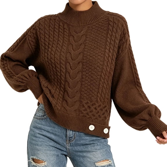 Women's Mock Neck Cable Knit Sweater, Long Sleeve Cropped Pullover, Loose Button Detail Knitted Jumper, Warm Casual Tops for Fall Winter Daily Wear Brown One Size