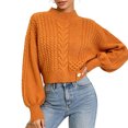 thumbnail image 1 of Women's Mock Neck Cable Knit Sweater, Long Sleeve Cropped Pullover, Loose Button Detail Knitted Jumper, Warm Casual Tops for Fall Winter Daily Wear Orange One Size, 1 of 4