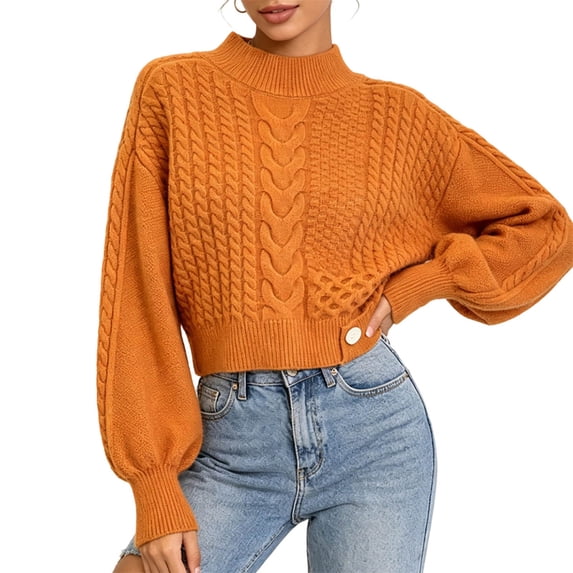 Women's Mock Neck Cable Knit Sweater, Long Sleeve Cropped Pullover, Loose Button Detail Knitted Jumper, Warm Casual Tops for Fall Winter Daily Wear Orange One Size