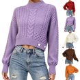 thumbnail image 1 of Women's Mock Neck Cable Knit Sweater, Long Sleeve Cropped Pullover, Loose Button Detail Knitted Jumper, Warm Casual Tops for Fall Winter Daily Wear Purples One Size, 1 of 5