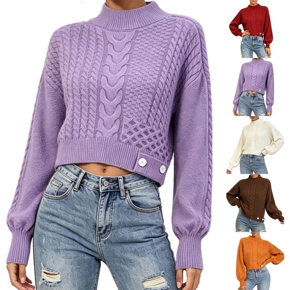 Women's Mock Neck Cable Knit Sweater, Long Sleeve Cropped Pullover, Loose Button Detail Knitted Jumper, Warm Casual Tops for Fall Winter Daily Wear Purples One Size