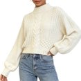 thumbnail image 1 of Women's Mock Neck Cable Knit Sweater, Long Sleeve Cropped Pullover, Loose Button Detail Knitted Jumper, Warm Casual Tops for Fall Winter Daily Wear White One Size, 1 of 3