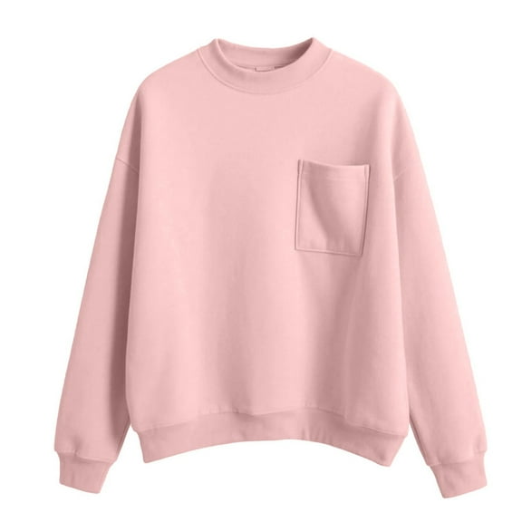 Women's Mock Neck Casual Plus Size Long Sleeve Sweatshirt, Loose Fit Pullover Top with Pockets for 2025 Fall Season, Daily Comfort Wear and Banquet Outfits Pink M