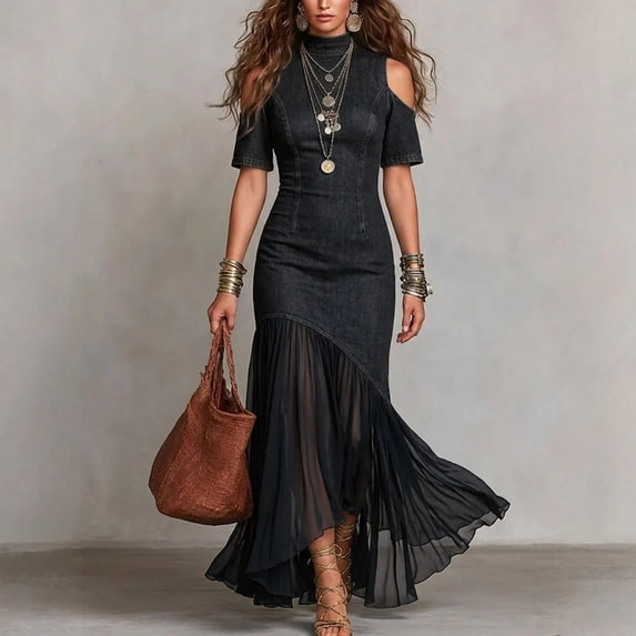 Women's Mock Neck Cold Shoulder Denim Maxi Dress, Short Sleeve Mesh Fishtail Hem Bodycon Long Dress, Elegant Mermaid Dress for Party Vacation Casual Wear 01-Black M