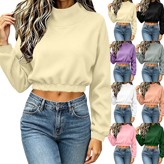 Women's Mock Neck Crop Sweatshirt Casual Fashion High Neck Long Sleeved Solid Color Fall Winter Pullover