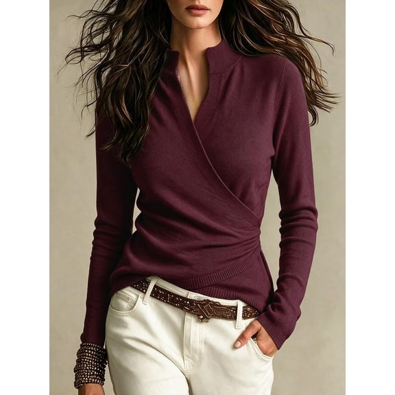 Women's Mock Neck Cross Wrap Sweater Long Sleeve Knit Top for Fall Daily Wear