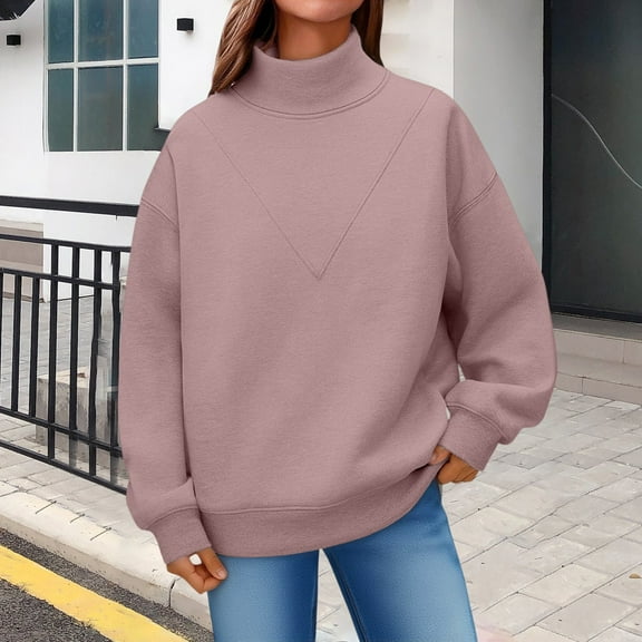 Women's Mock Neck Fleece Lined Sweatshirt,Japanese Inspired Oversized Pullover,Soft Plush Long Sleeve Top for Fall and Winter,Cozy Athletic Loungewear,Comfortable Relaxed Fit Casual Wear Light Violet