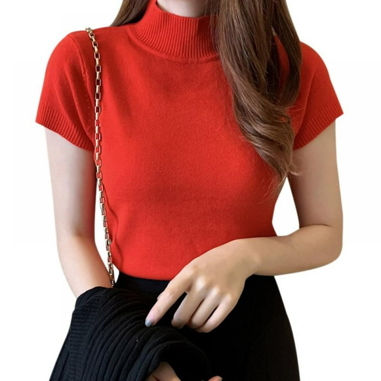Womens Fashion Slim Fit Pullover Tops Casual Half High Neck Long Sleeves  T-Shirt
