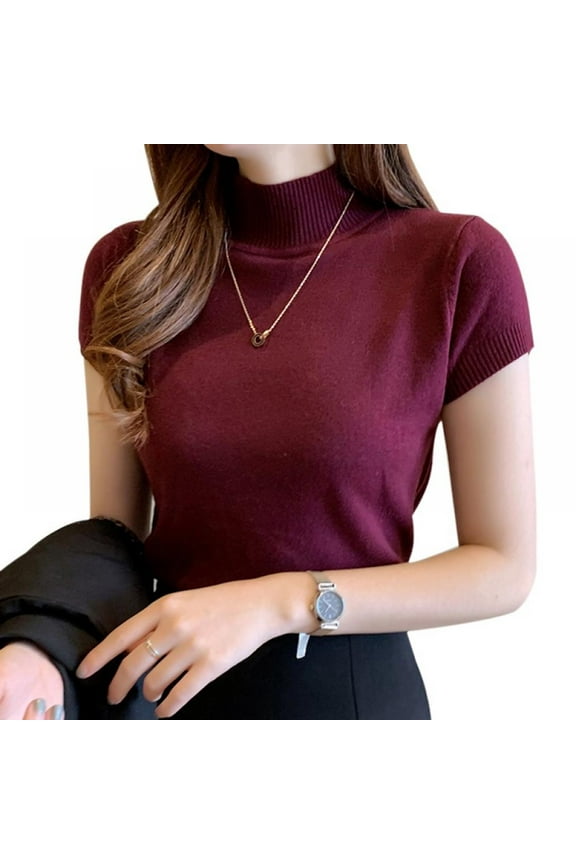 Women's Mock Neck Half Sleeve Slim Fit Ribbed Knit Tee T-Shirts