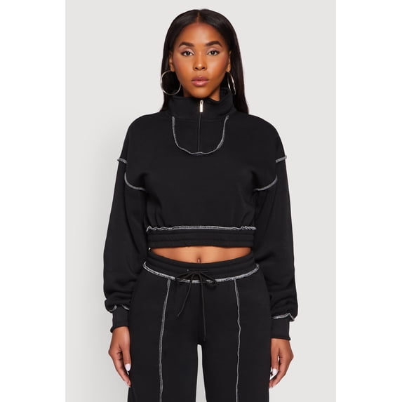 Women's Mock Neck Half Zip Cropped Pullover Sweatshirt