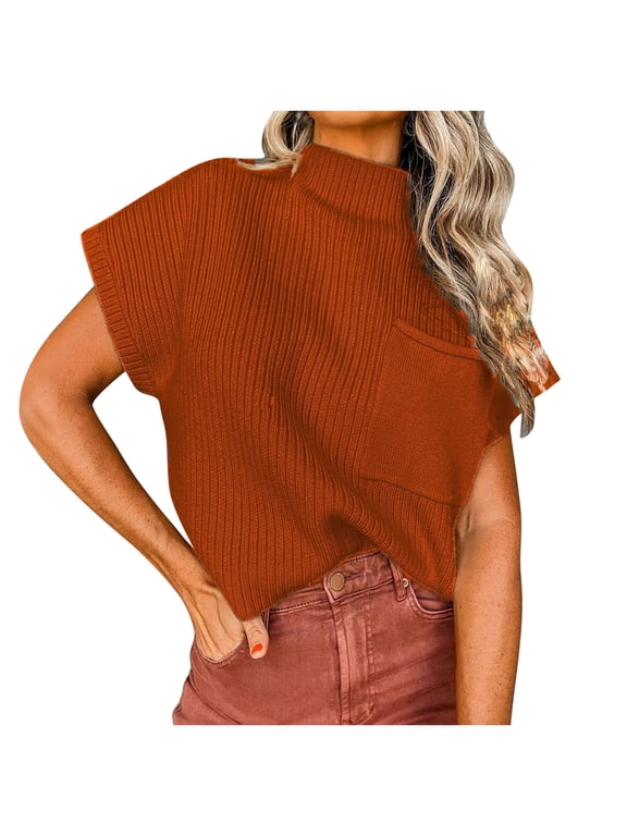 Women's Mock Neck Knit Summer Tops Loose Fit Trendy Dolman Short Sleeve Cropped Sweater Shirts Blouse with Pocket