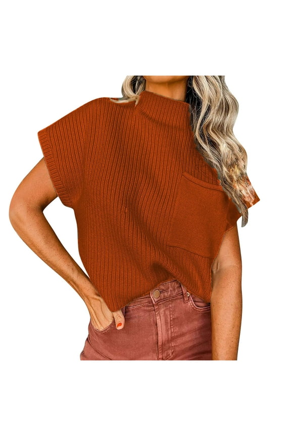 Women's Mock Neck Knit Summer Tops Loose Fit Trendy Dolman Short Sleeve Cropped Sweater Shirts Blouse with Pocket