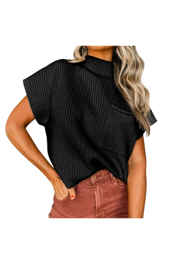 Women's Mock Neck Knit Summer Tops Loose Fit Trendy Dolman Short Sleeve Cropped Sweater Shirts Blouse with Pocket