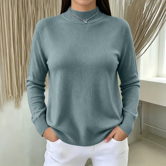 Women's Mock Neck Knit Sweater, Lightweight Basic Long Sleeve Pullover Tops for Fall Winter Daily Wear M