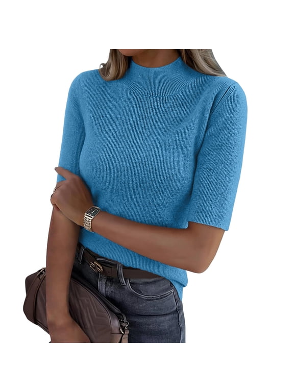 Women's Mock Neck Knit Top Half Sleeve Textured Ribbed Form Fitting Sweater Solid Color Slim Fit Casual Short Sleeve Pullover Blouse Spring Tops For Women 2026 Trendy Basic Undershirt Top
