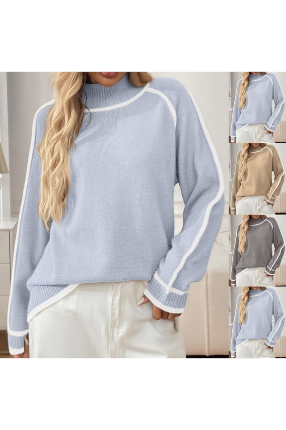 Women's Mock Neck Knitted Sweater Pullover Tops Long Sleeve Solid Color Loose Fit Casual Daily Wear Fashion Essential Gift for Women | CSEONE,Gray L