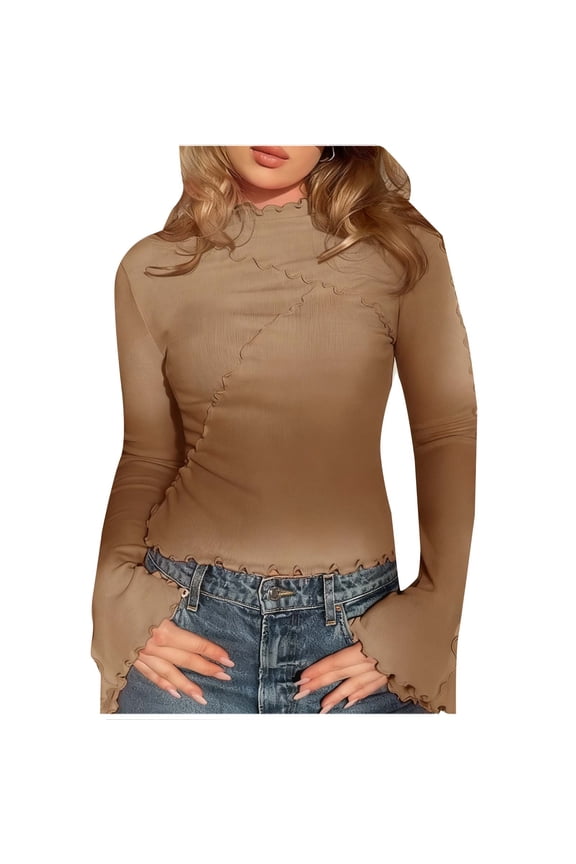 Women's Mock Neck Long Bell Sleeve T Shirt Lettuce Trim Ribbed Fitted Blouses Slim Fit Y2K Inspired Fashion Tops