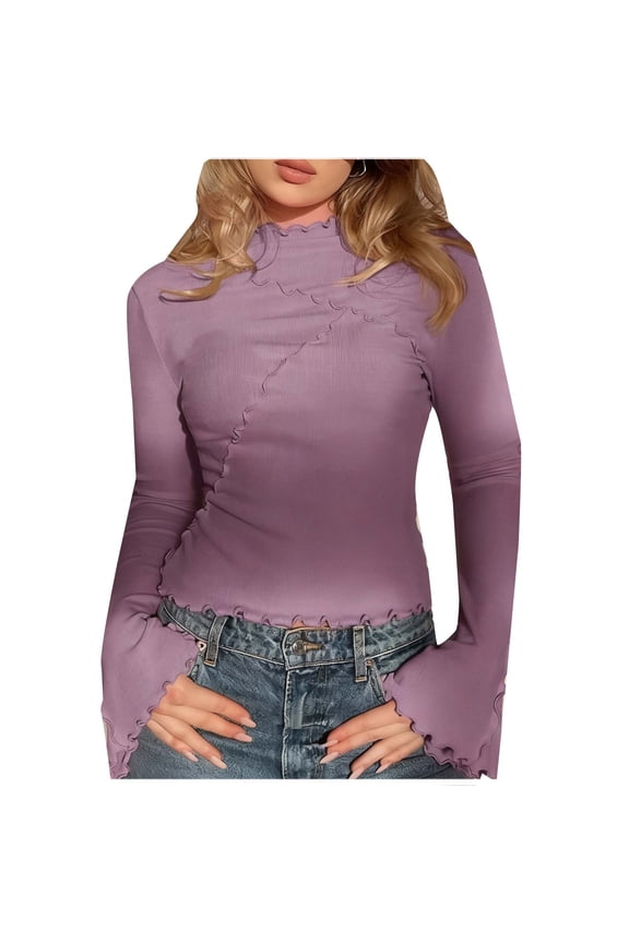 Women's Mock Neck Long Bell Sleeve T Shirt Lettuce Trim Ribbed Fitted Blouses Slim Fit Y2K Inspired Fashion Tops