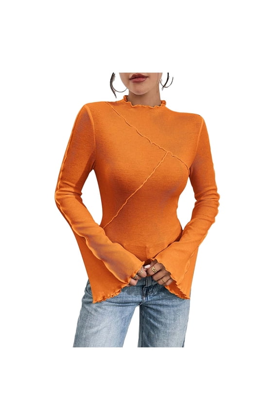 Women's Mock Neck Long Bell Sleeve T Shirt Lettuce Trim Ribbed Fitted Blouses Slim Fit Y2K Inspired Fashion Tops