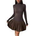 thumbnail image 1 of Women's Mock Neck Long Sleeve Bubble Hem Dress with Ruched Stretch 94% Polyester 6% Elastane for a Flattering Fit, 1 of 11