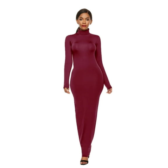 Women's Mock Neck Long Sleeve Maxi Slim Dress 80% Polyester 20% Spandex with Comfortable Stretch and Sleek Silhouette