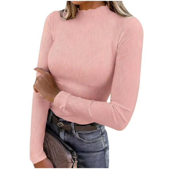 Women's Mock Neck Long Sleeve Shirts Lettuce Trim Slim Fit Ribbed Knit Tops Turtleneck Base Layer Tee (XL, Pink)