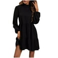 thumbnail image 1 of Women’s Mock Neck Long Sleeve Tiered Ruffle Smocked Flowy A Line Babydoll Mini Dress Black,XL, 1 of 6