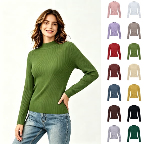 Women's Mock Neck Long Sleeve Top, Ribbed Slim Fit Knit Layering Sweater,Army Green,Women's Plus Size L